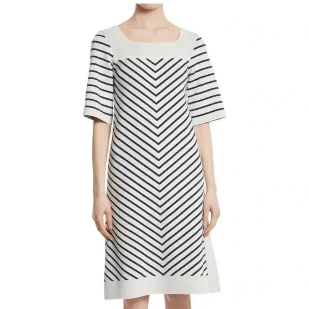 Tory Burch White &‎ Blue Half Sleeve Square Neck Anya Chevron Dress Size XS